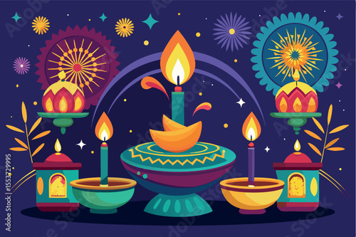 Brightly lit oil lamps and colorful decorations during a festival celebration in a vibrant setting at night