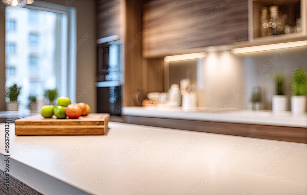 Blurred modern kitchen countertop with fruit Blurred modern kitchen countertop with fruit