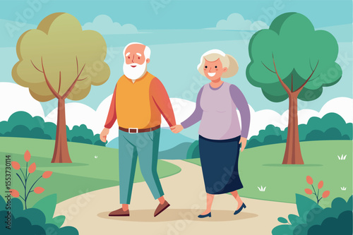Elderly couple enjoying a peaceful walk in a scenic park during a sunny day surrounded by nature