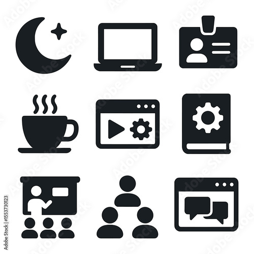 Adult Education Icons. Solid, filled icons set of adult education: night class, laptop, ID card, coffee cup,