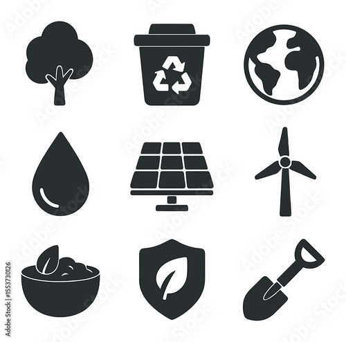 Environmental Icons Grid. Solid, filled icons set of environmental education: tree, recycle bin, globe, water