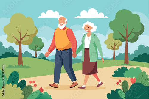 Elderly couple enjoys a leisurely walk hand in hand through a vibrant park on a sunny day surrounded by greenery