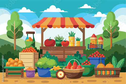 Colorful farmers market bustling with fresh produce and vibrant scenery near green hills and trees in a sunny daytime setting