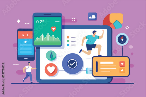 Fitness tracking app interface showcasing user activity and health metrics through digital devices and animations