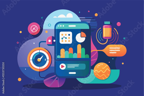 Colorful digital interface design showcasing data analytics and user interaction on a smartphone display