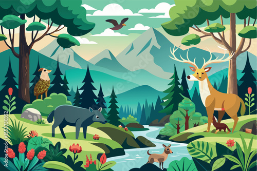 Wildlife in a serene forest setting near a river with mountains in the background, showcasing various animals in harmony