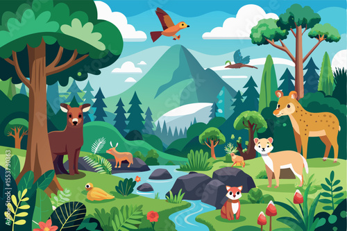 Colorful wildlife in a serene forest ecosystem with mountains and a flowing river on a sunny day