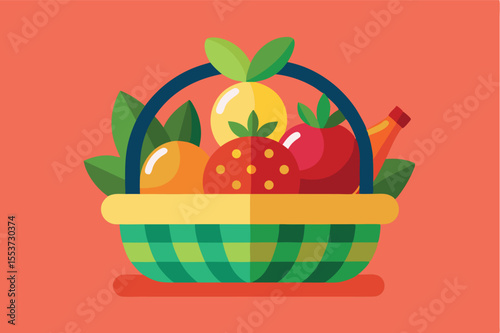 Colorful fruit basket filled with fresh produce against a bright background in a cheerful setting