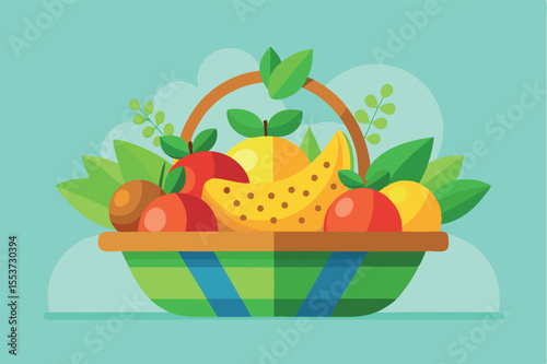 Colorful fruit basket filled with assorted fruits set against a light blue backdrop