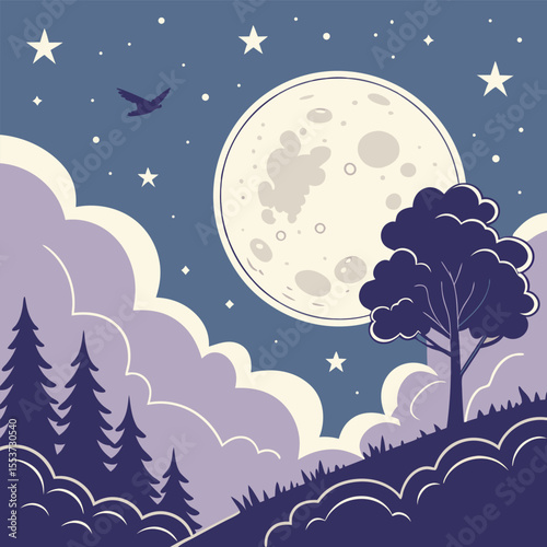 night sky with moon vector,  stunning vector illustration of a glowing full moon 