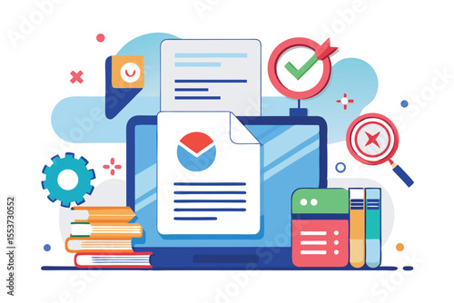 Document not found concept with laptop, check marks, and books illustrating challenge in accessing necessary files in a digital environment