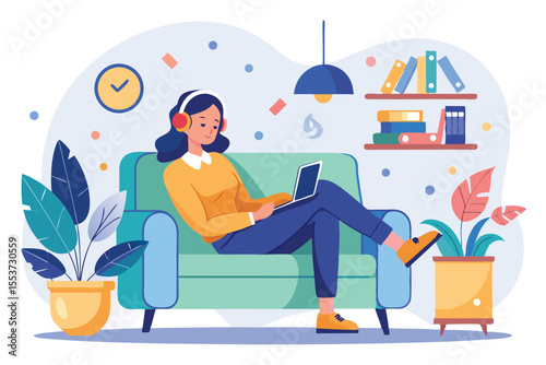 Woman relaxing on a cozy sofa while listening to music and using a tablet in a bright room filled with plants and shelves
