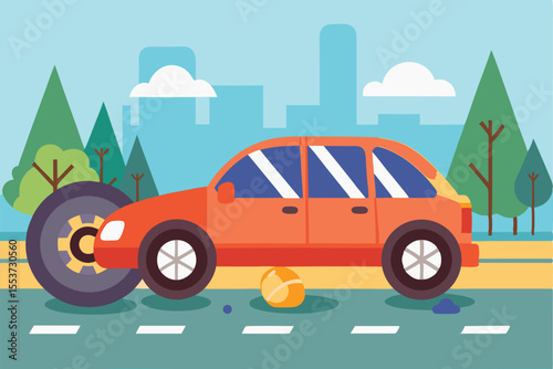 Automobile stranded on roadside due to flat tire in urban setting with trees and buildings
