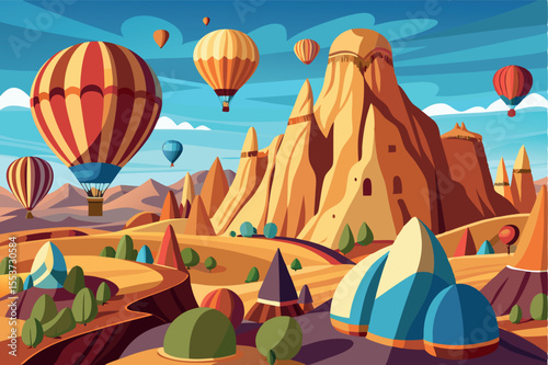 Colorful hot air balloons soaring over majestic mountains and vibrant landscapes on a clear day