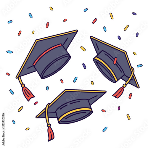 Three graduation caps float among colorful confetti against a transparent background for celebration