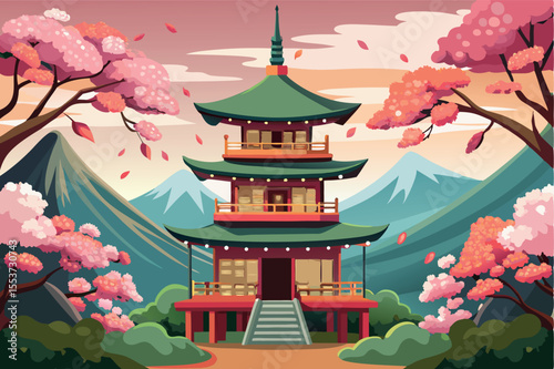 Traditional Japanese pagoda surrounded by cherry blossom trees in scenic mountainous landscape at sunset