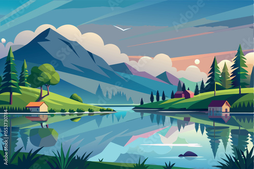 Tranquil lakeside landscape under a colorful sunrise with mountains and trees reflected in the calm water