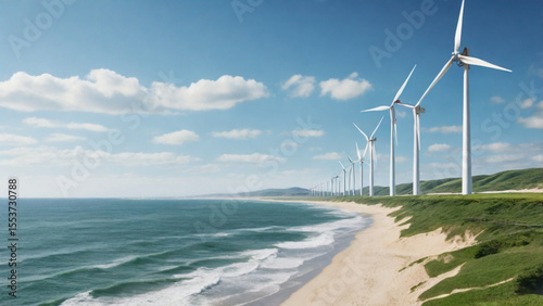 Wind Turbines on Coastal Shoreline Producing Clean Energy