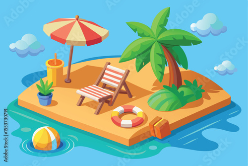 Colorful cartoon-style beach scene with lounge chair, umbrella, palm tree, and various playful objects depicting a sunny day at the beach