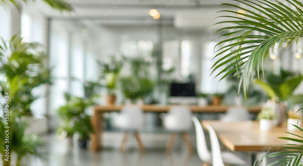 Fototapeta premium Blurred view of a modern office with many plants