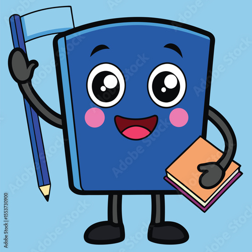 Blue cartoon book character waves a pencil and holds another book while smiling