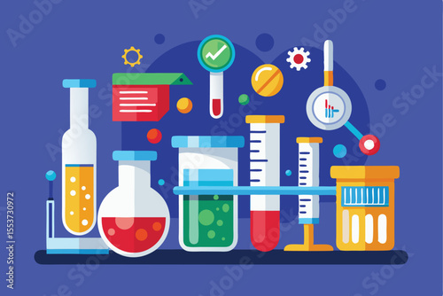 Concept of a drug testing laboratory illustrated with colorful lab equipment and analytical tools set against a blue background depicting various testing processes and results