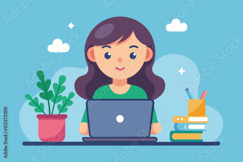 Vector illustration of a cheerful girl working on a laptop in a bright workspace surrounded by plants, stationery, and books during the day