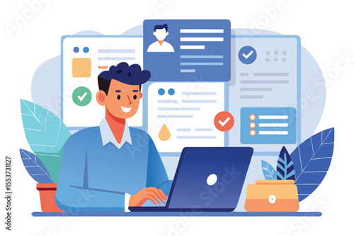 Recruiter assesses online applications and resumes while working at a modern workstation surrounded by organized documents and greenery