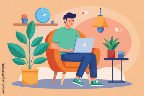 Man working on a laptop while sitting comfortably in a chair surrounded by houseplants in a cozy room