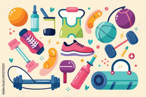 Collection of vibrant fitness equipment including fitballs, dumbbells, and accessories on a colorful background showcasing an energetic workout atmosphere