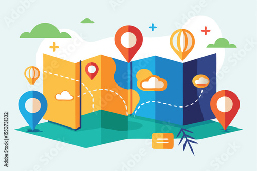 Exploring navigational tools with folded maps, location markers, and planned routes in a colorful illustration depicting travel organization