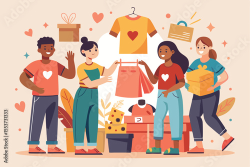 Volunteers from diverse backgrounds engage in community support by organizing clothing and supply donations at a local center during an outreach program