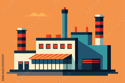 Clean geometric design of a minimalist factory building with smoke rising, located in an industrial area, showcasing a blend of colors and shapes during a clear day