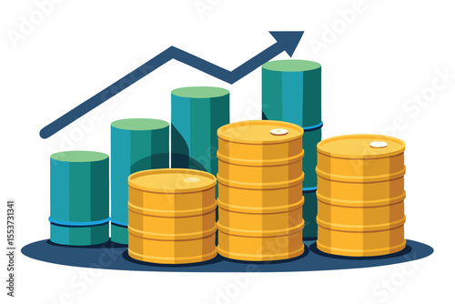 Oil barrels stacked on growing golden coins symbolize economic rise and energy sector profitability during industrial growth phase