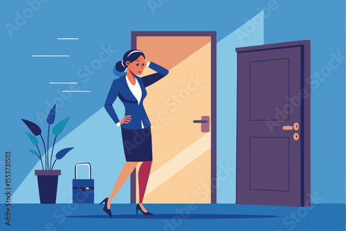 Preoccupied business woman standing near an office door contemplating her next steps during a busy workday