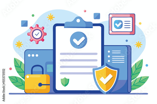 Enhanced document security concept showcasing a clipboard, padlock, and verified data symbols promoting safe information management