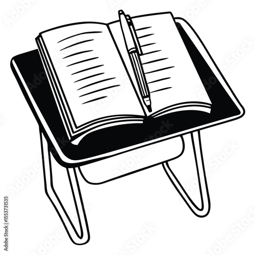 An open monochrome notebook with horizontal lines sits on a school desk with pen