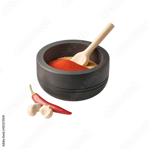 Red chili powder and spices in bowl with spoon isolated on a transparent background