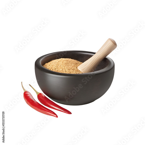 Red chili spice powder in bowl with pestle isolated on a transparent background
