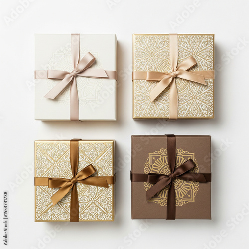 Four Ethnic Gift Boxes in Elegant Monochrome Theme Top View