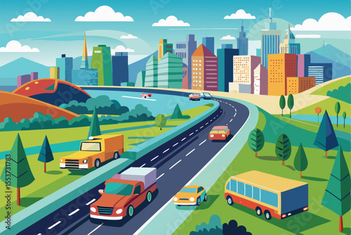 Vector illustration of city transport traveling along a busy highway with skyscrapers and mountains in the background during a sunny day