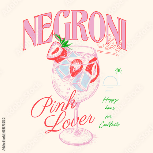 Negroni cocktail t shirt design. Tropical and exotic drink with citrus. hand drawn Flat vector collection. pink color design. strawberry print design .