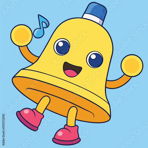 Animated yellow bell character joyfully plays a blue musical note on a light blue backdrop