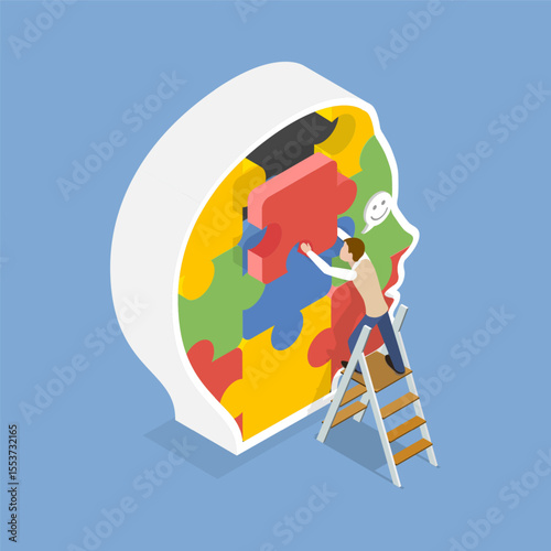 3D Isometric Flat Vector Illustration of Psychologic Therapy, Brain Puzzle For Problem-Solving Tasks And Challenges