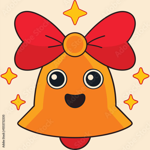 Cheerful holiday bell gleams, adorned with vibrant red bow, accompanied by festive stars