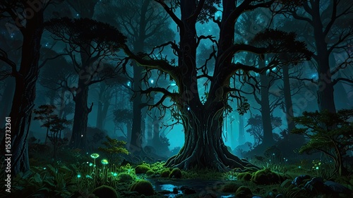 Halloween dark forest with big tree and full moon. 3d rendering