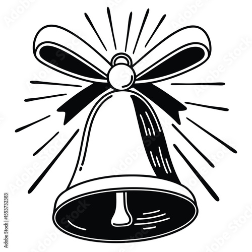 Elegant monochrome Christmas bell is adorned with a beautiful ribbon and radiant sparkles