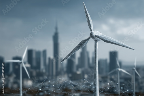 Wind Turbine Energy: A futuristic cityscape intertwines with sustainable energy as wind turbines generate power against the backdrop of a metropolitan skyline.