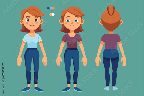 Casual woman character constructor showing versatile poses for animation with different angles and color variations