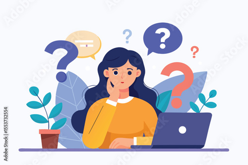 Female character contemplating frequently asked questions while working on a laptop among plants in a bright and inviting workspace